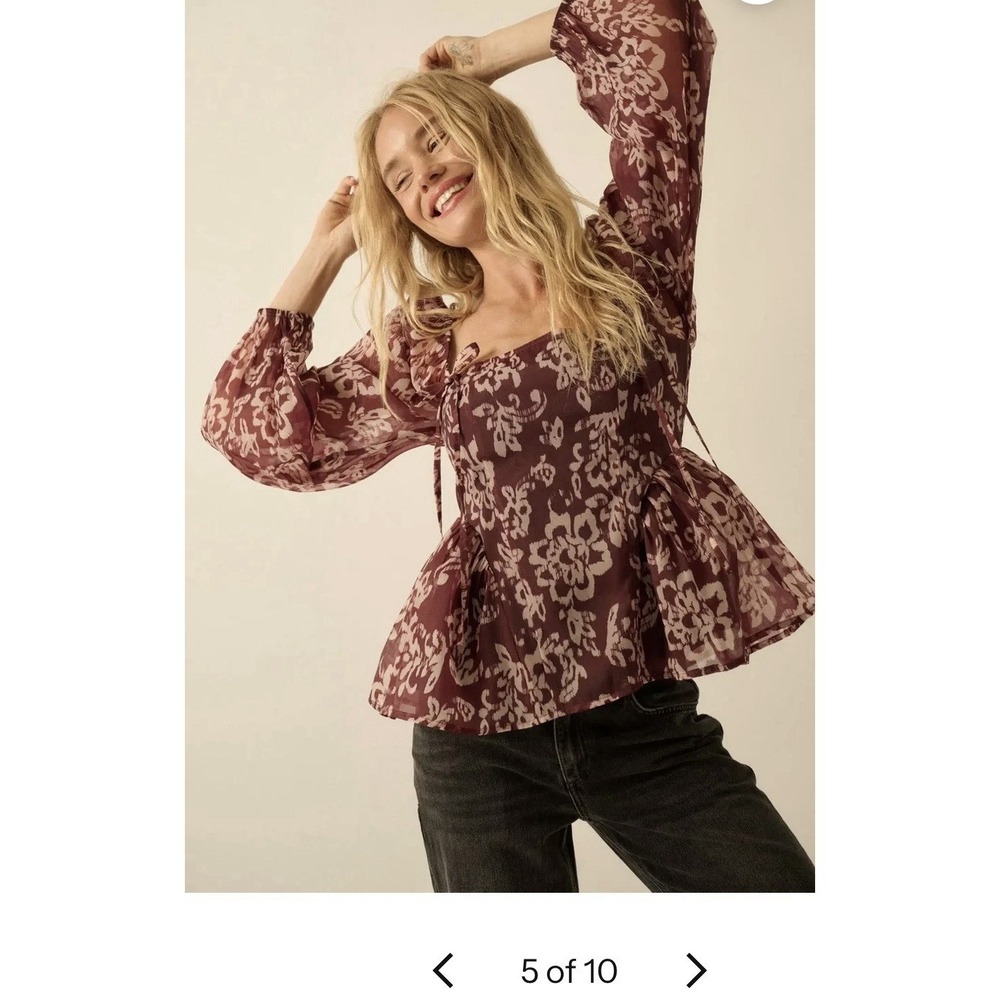 Promesa Floral Print‎ Organza Puff-Sleeve Peplum Top Size L